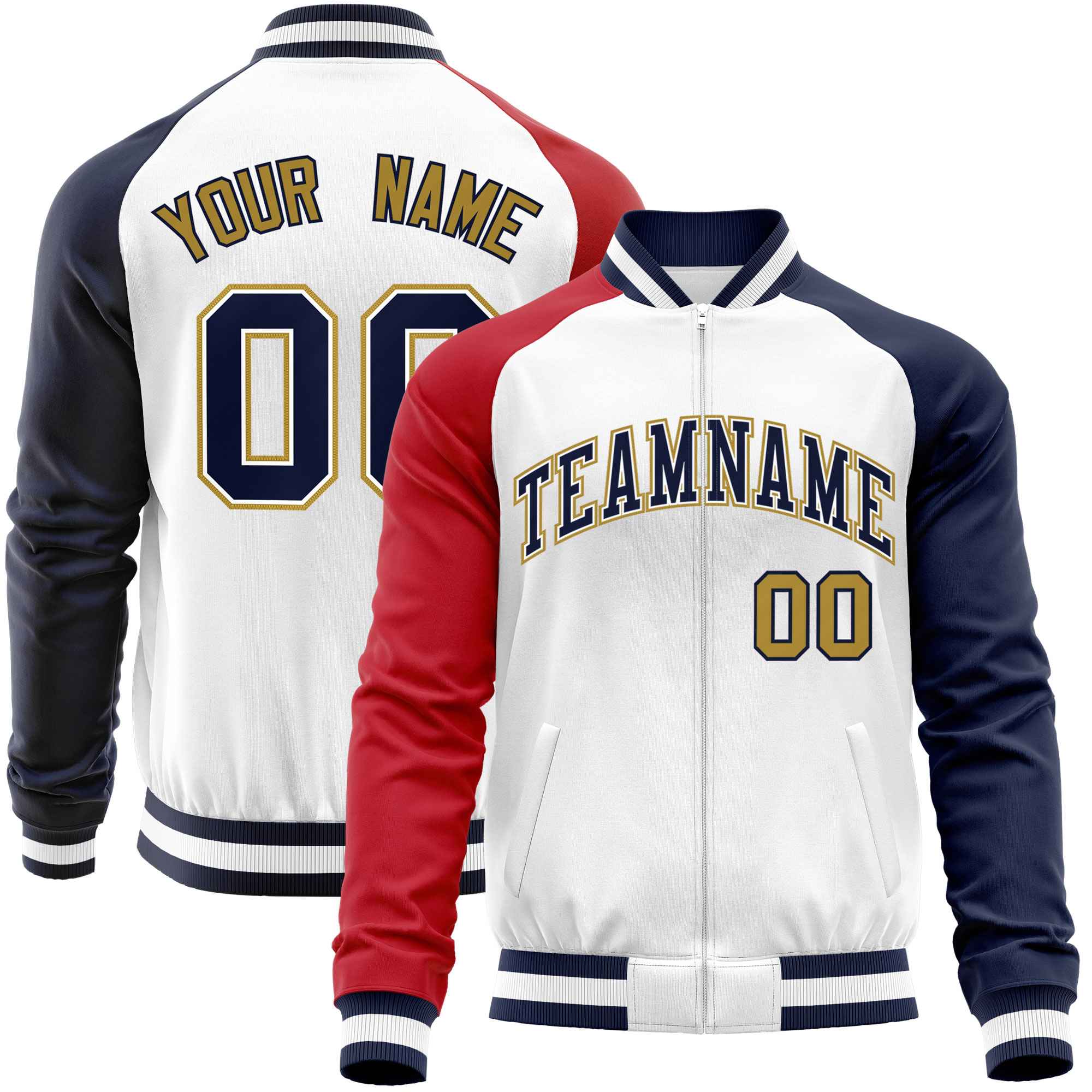 Custom White Navy-Red Varsity Full-Zip Raglan Sleeves Letterman Baseball Jacket