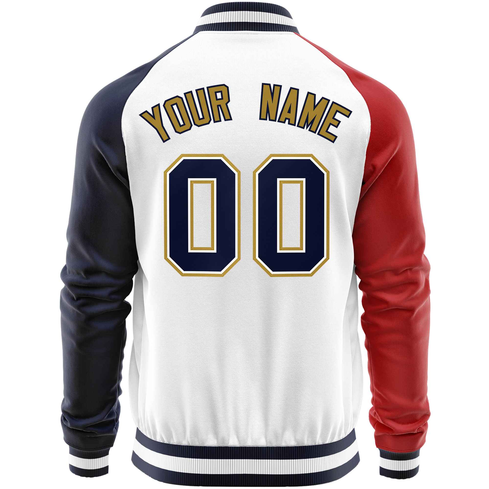 Custom White Navy-Red Varsity Full-Zip Raglan Sleeves Letterman Baseball Jacket