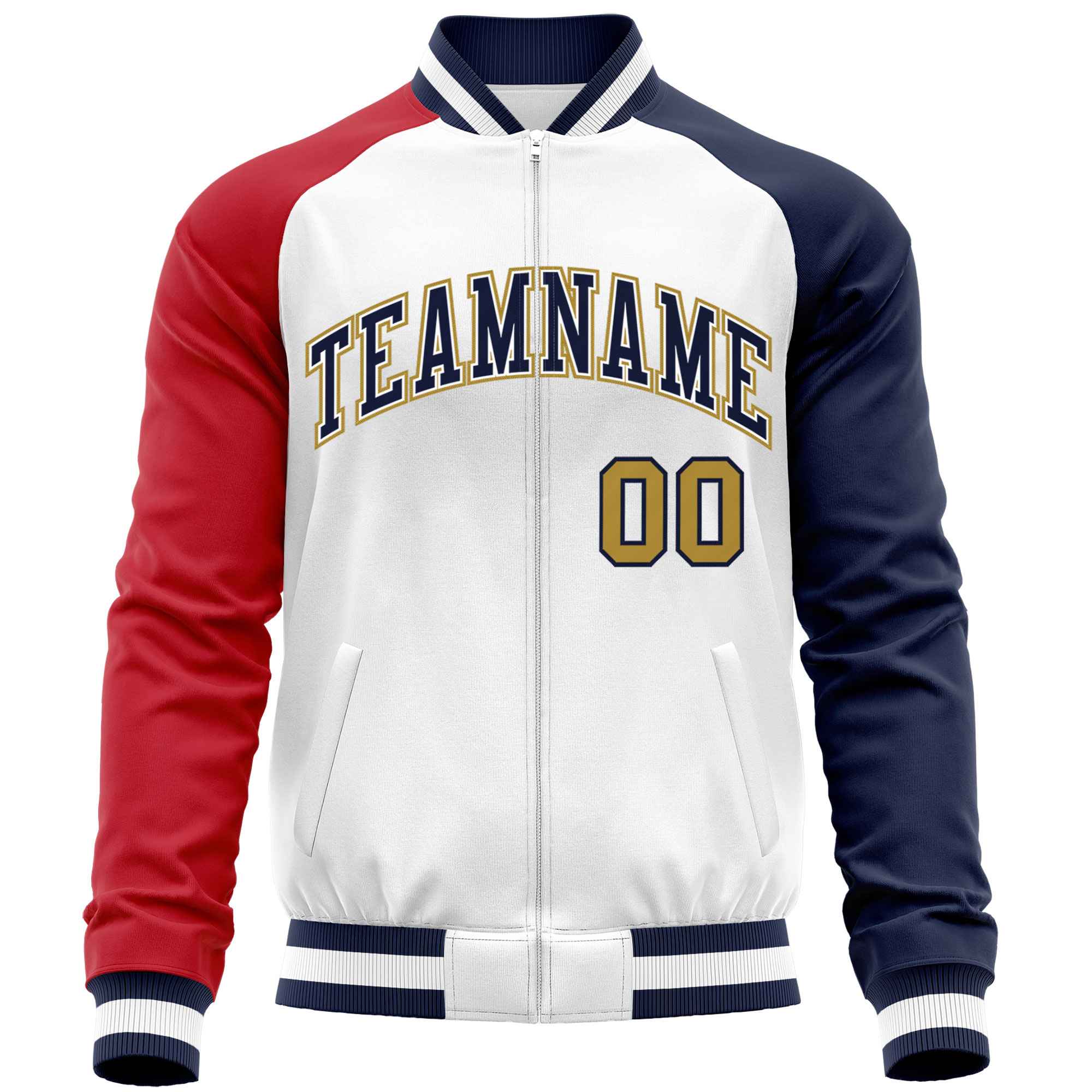 Custom White Navy-Red Varsity Full-Zip Raglan Sleeves Letterman Baseball Jacket