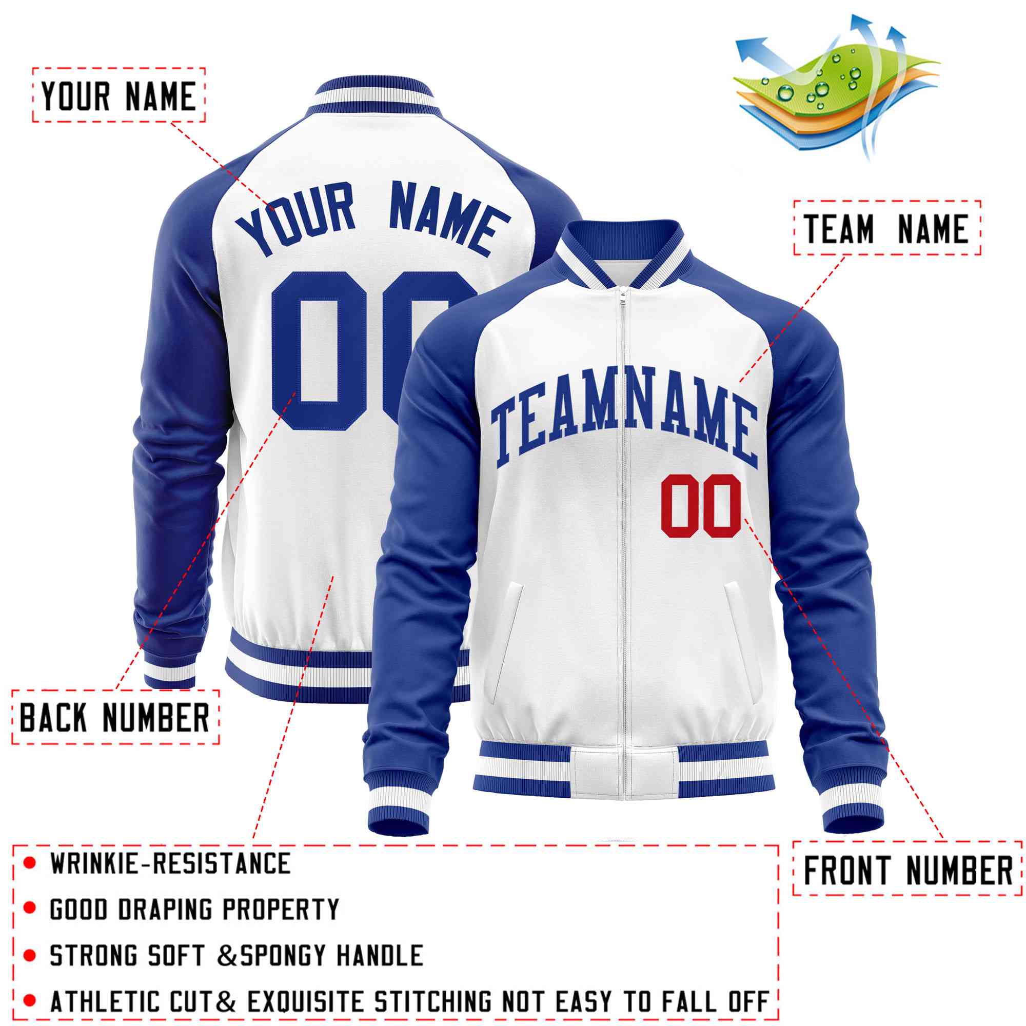 Custom White Royal Varsity Full-Zip Raglan Sleeves Letterman Baseball Jacket