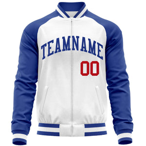 Custom White Royal Varsity Full-Zip Raglan Sleeves Letterman Baseball Jacket