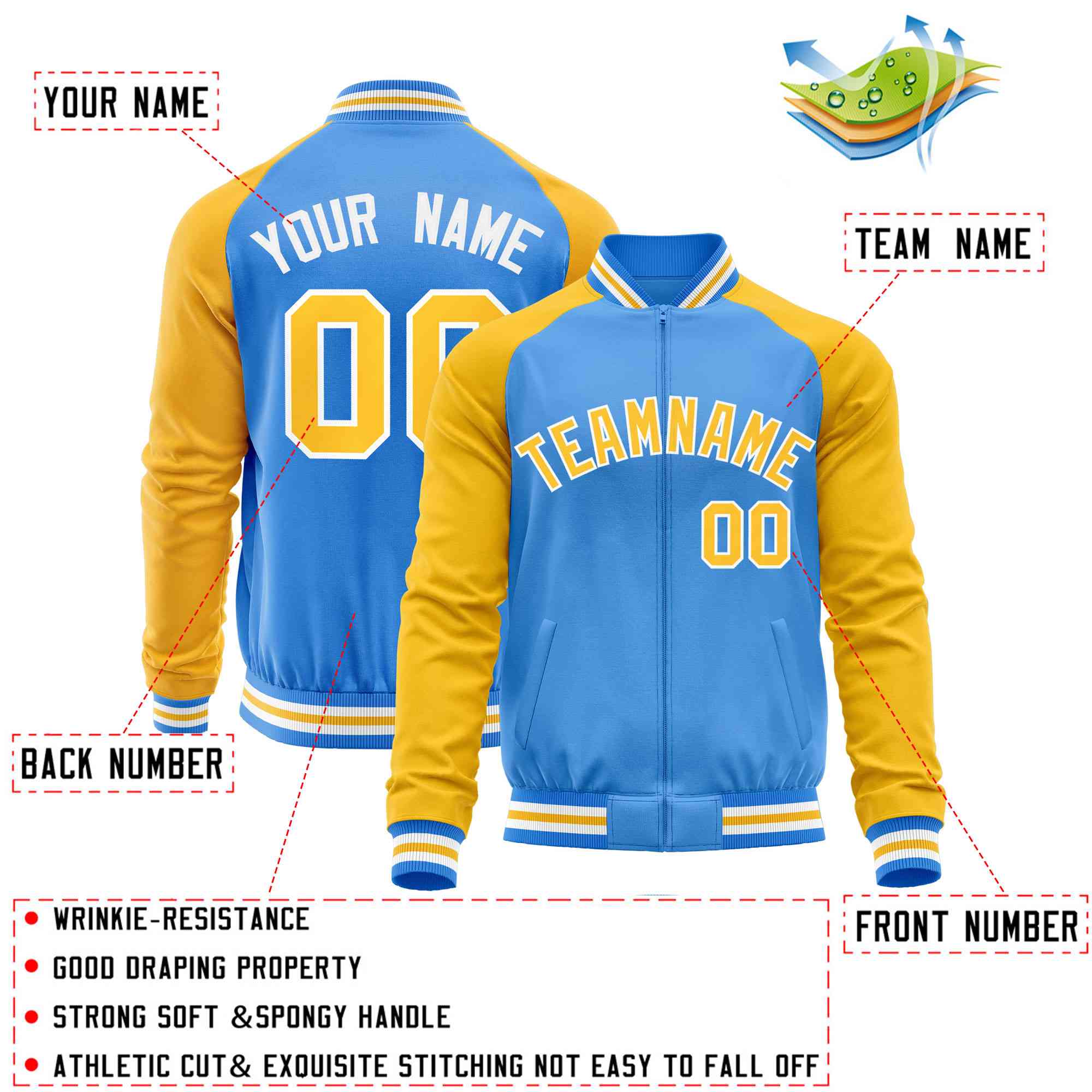 Custom Powder Blue Yellow Varsity Full-Zip Raglan Sleeves Letterman Baseball Jacket