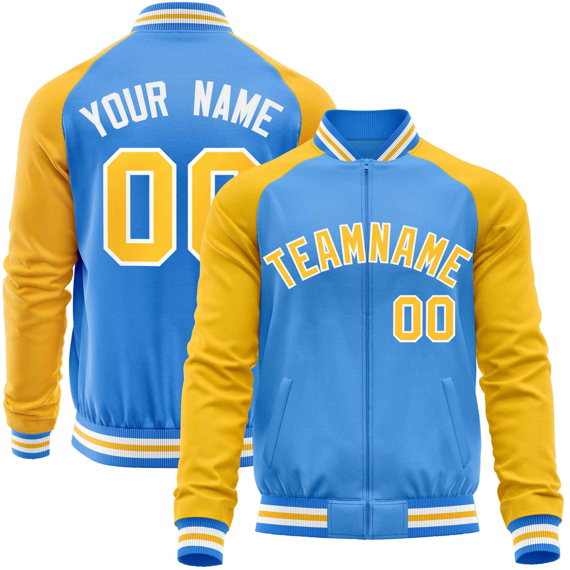 Custom Powder Blue Yellow Varsity Full-Zip Raglan Sleeves Letterman Baseball Jacket