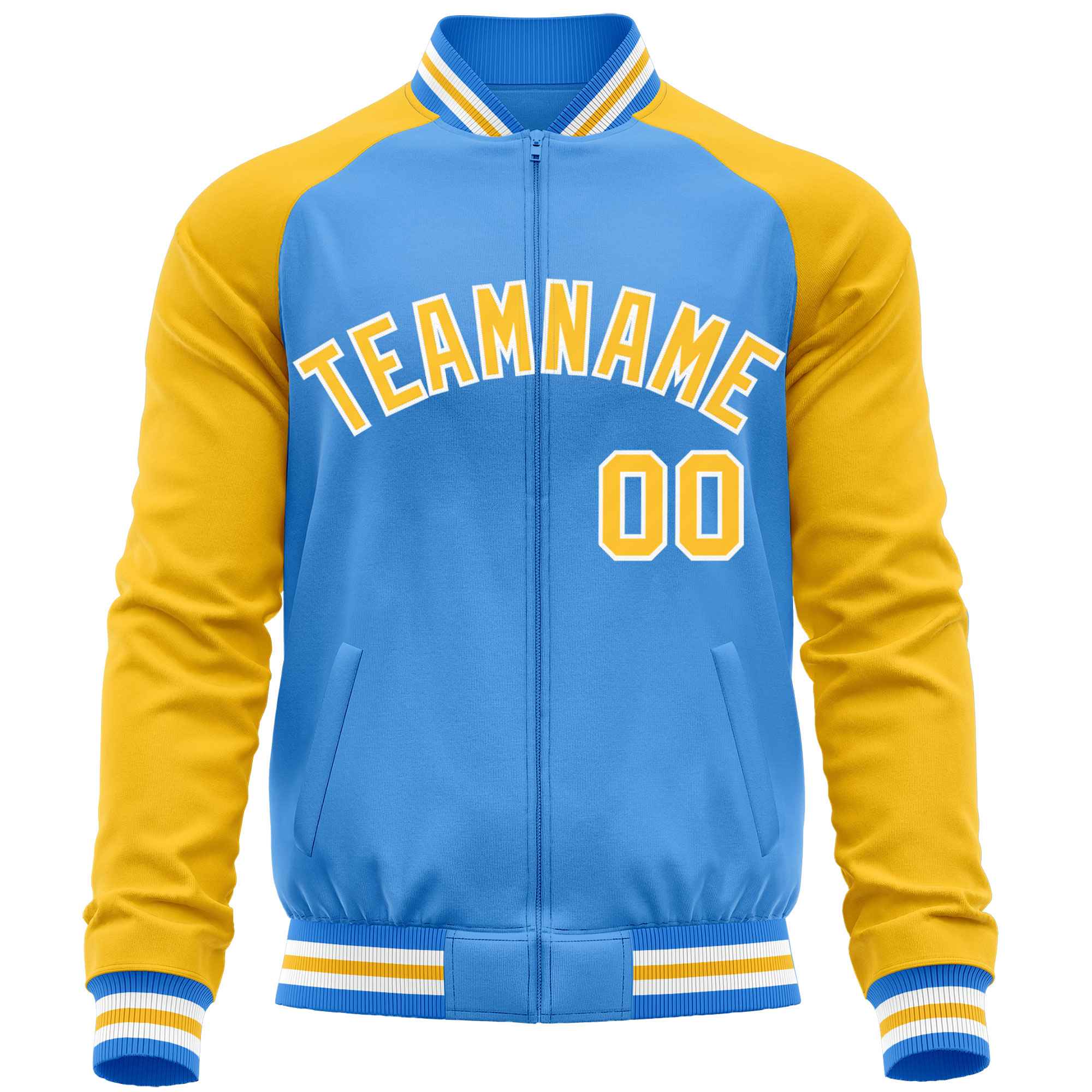 Custom Powder Blue Yellow Varsity Full-Zip Raglan Sleeves Letterman Baseball Jacket