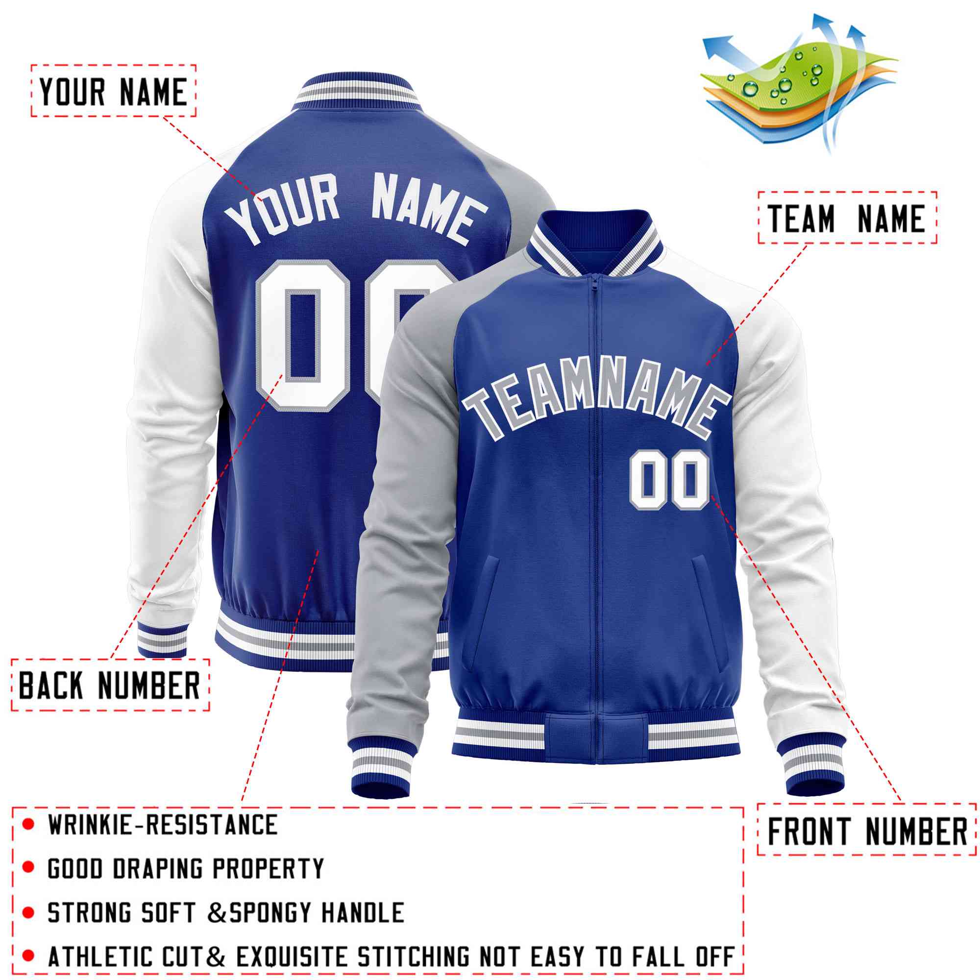 Custom Royal White-Gray Varsity Full-Zip Raglan Sleeves Letterman Baseball Jacket