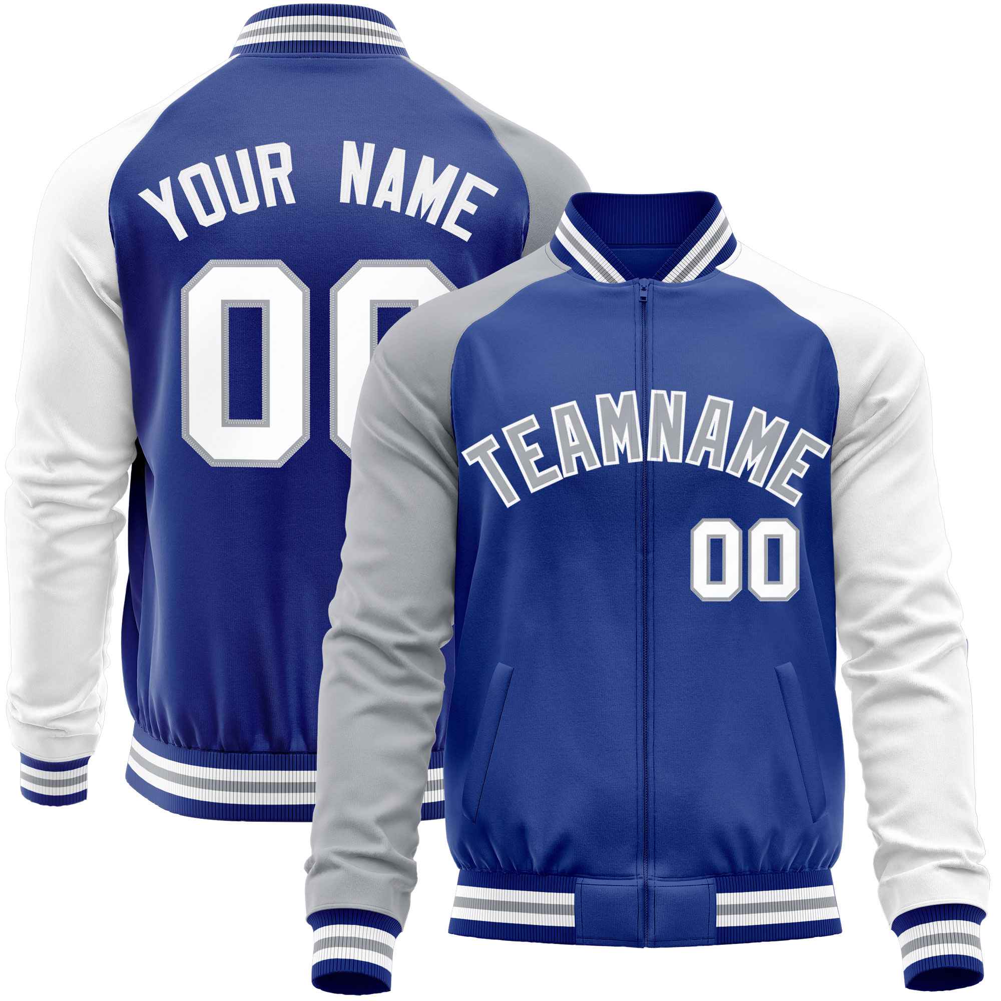 Custom Royal White-Gray Varsity Full-Zip Raglan Sleeves Letterman Baseball Jacket