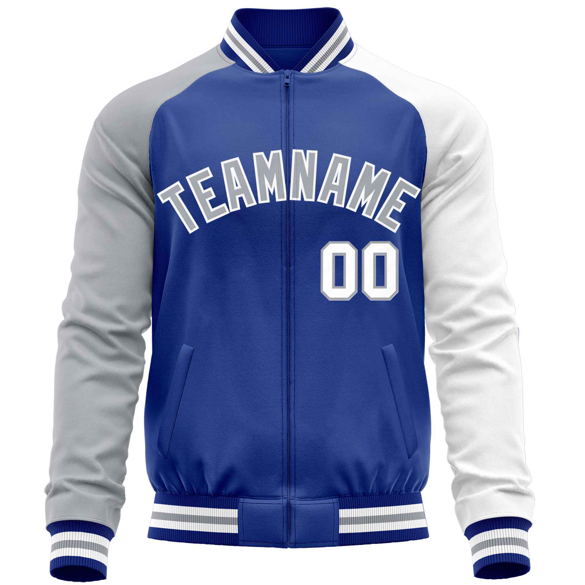 Custom Royal White-Gray Varsity Full-Zip Raglan Sleeves Letterman Baseball Jacket