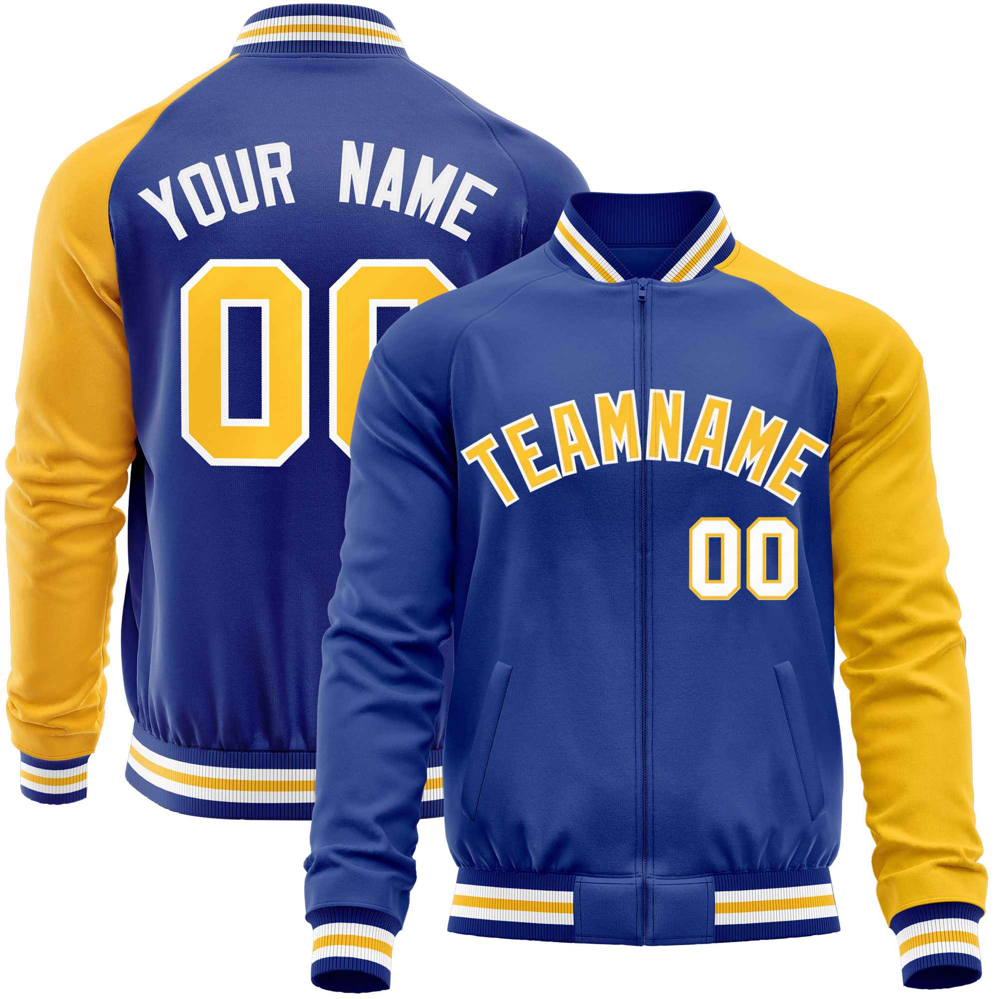 Custom Royal Yellow-Royal Varsity Full-Zip Raglan Sleeves Letterman Baseball Jacket