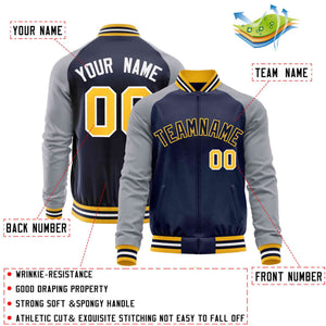 Custom Navy Gray Varsity Full-Zip Raglan Sleeves Letterman Baseball Jacket