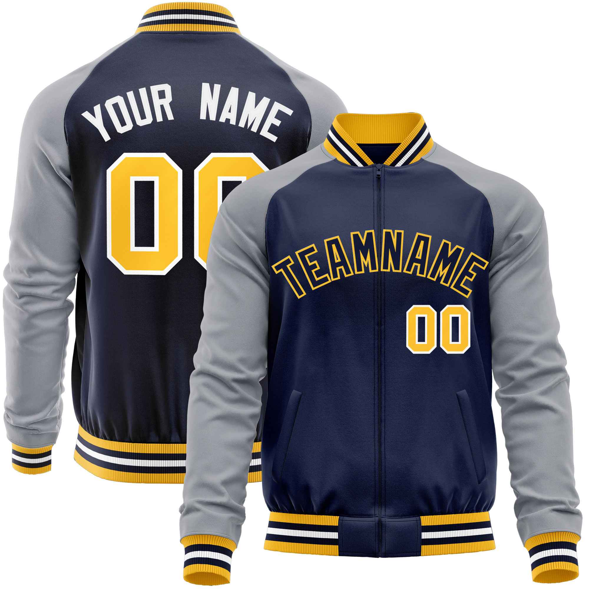 Custom Navy Gray Varsity Full-Zip Raglan Sleeves Letterman Baseball Jacket