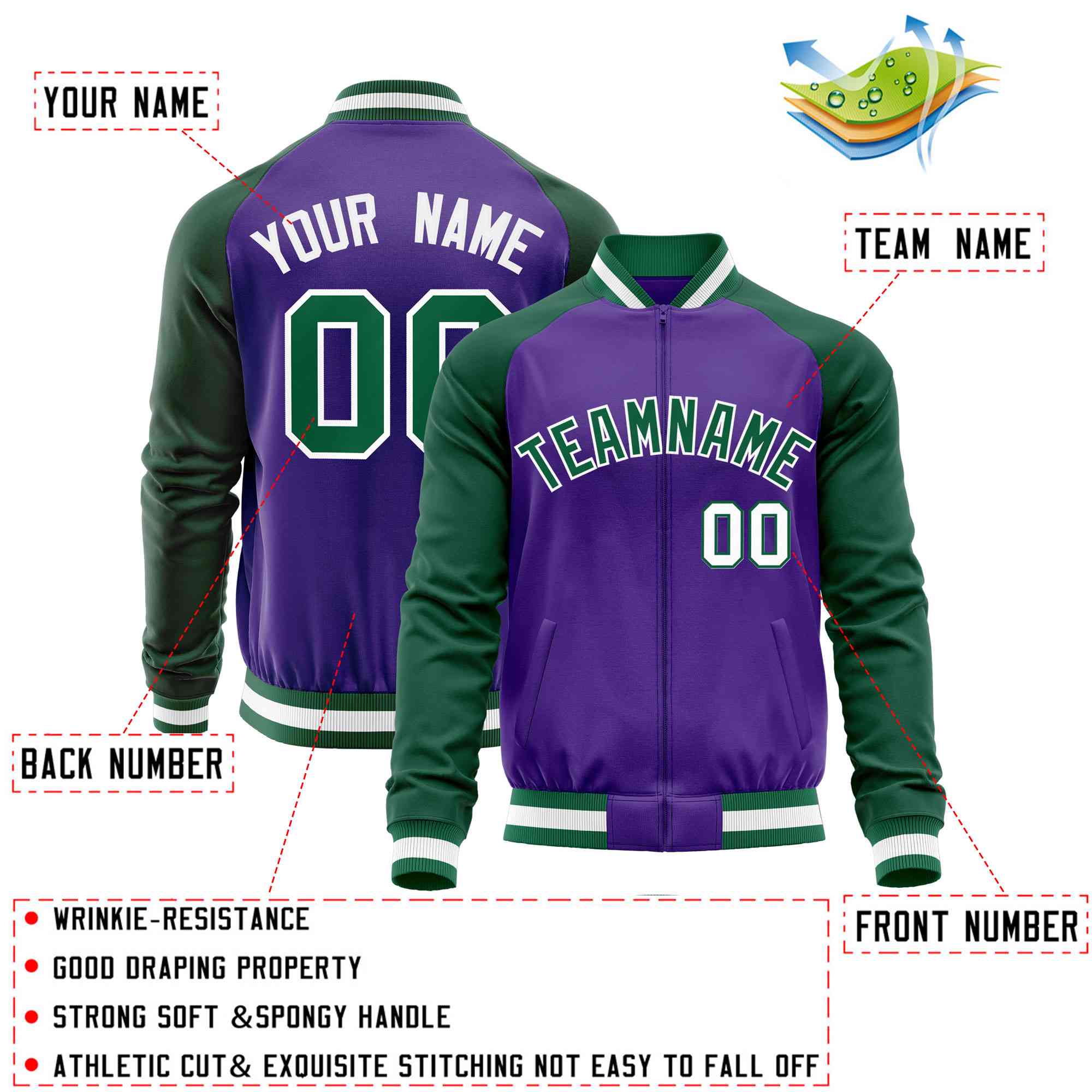 Custom Purple Green Varsity Full-Zip Raglan Sleeves Letterman Baseball Jacket