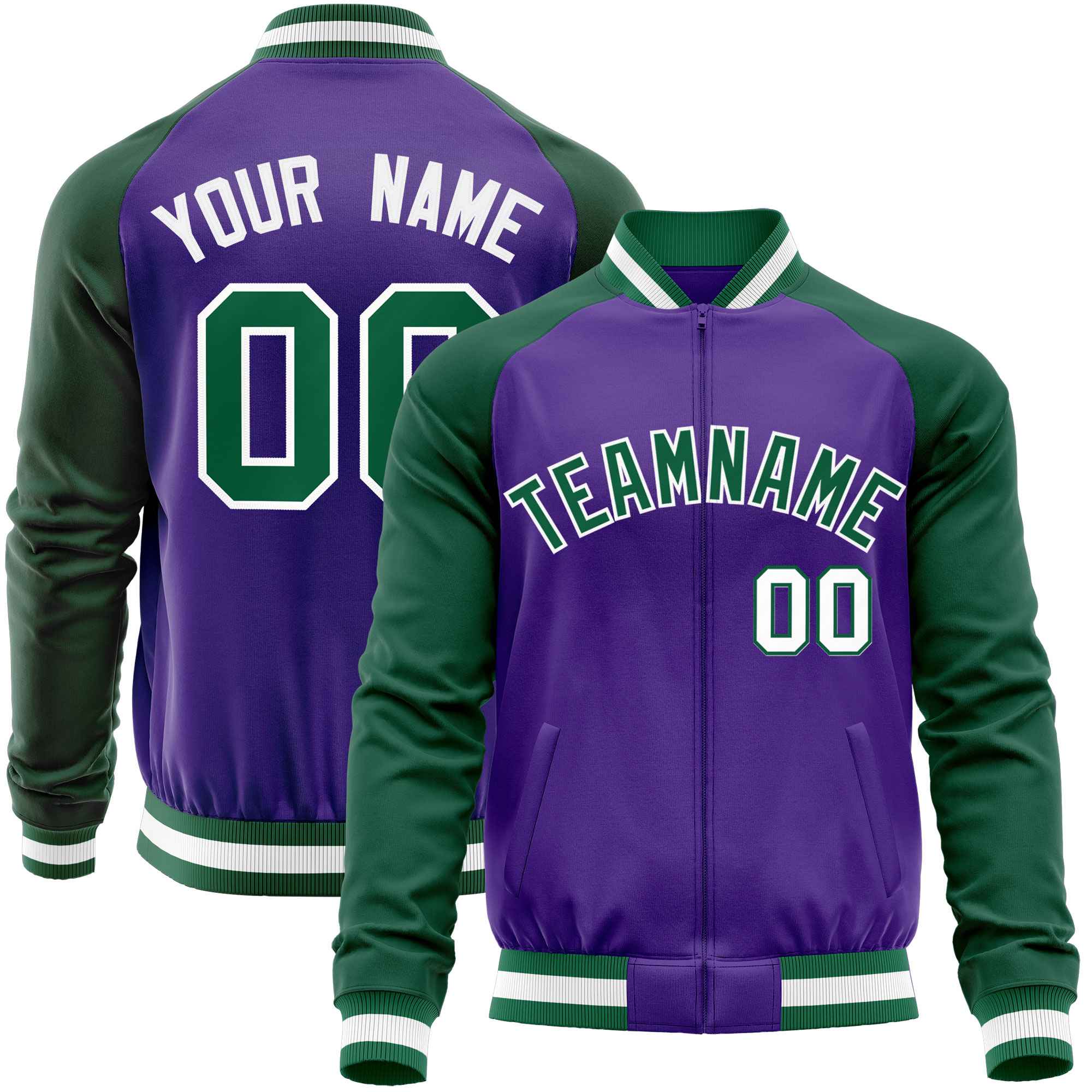 Custom Purple Green Varsity Full-Zip Raglan Sleeves Letterman Baseball Jacket