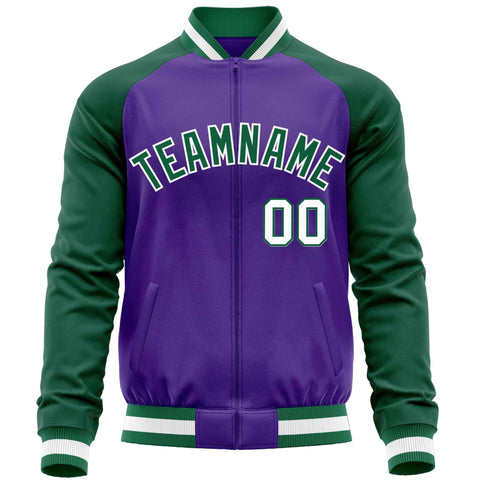 Custom Purple Green Varsity Full-Zip Raglan Sleeves Letterman Baseball Jacket
