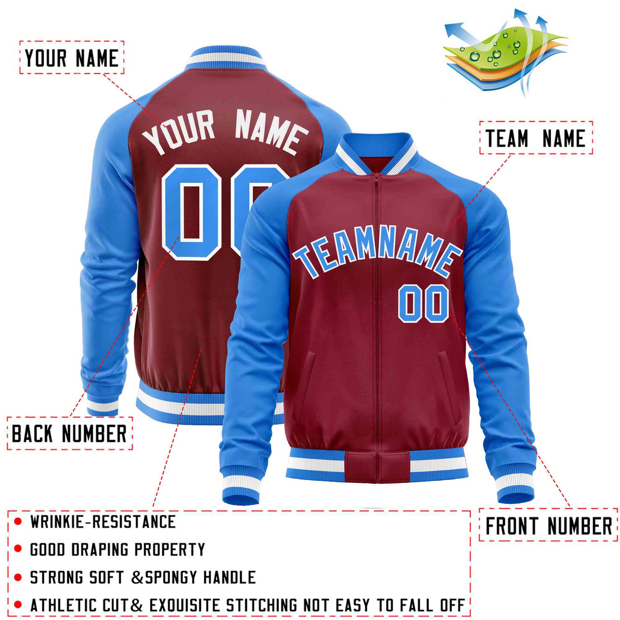 Custom Crimson Powder Blue Varsity Full-Zip Raglan Sleeves Letterman Baseball Jacket