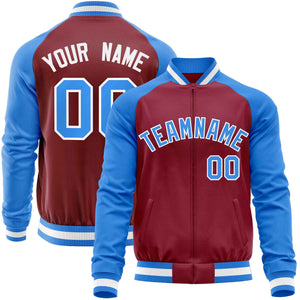 Custom Crimson Powder Blue Varsity Full-Zip Raglan Sleeves Letterman Baseball Jacket