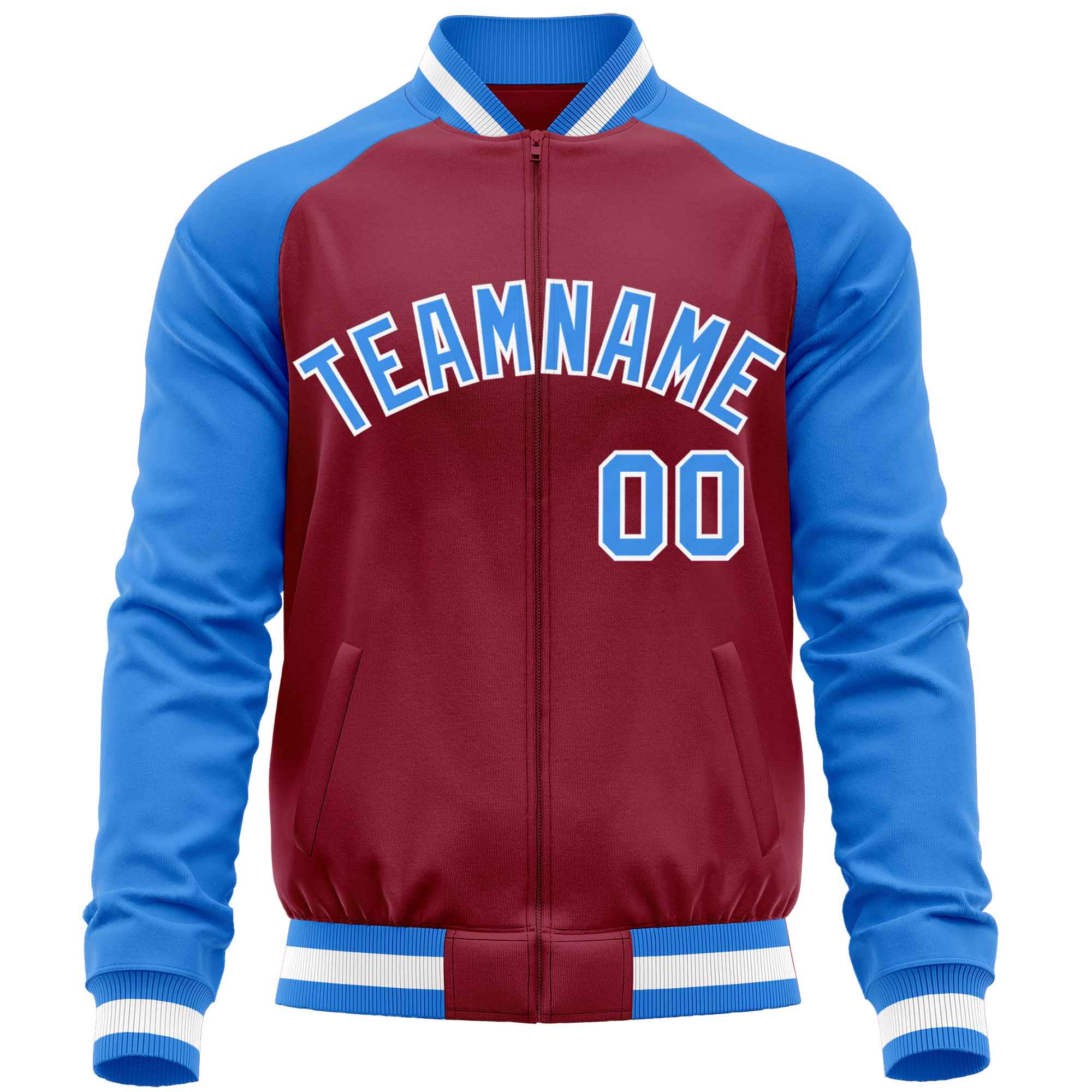 Custom Crimson Powder Blue Varsity Full-Zip Raglan Sleeves Letterman Baseball Jacket