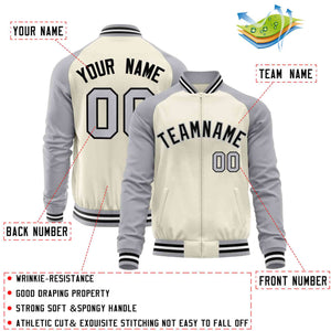 Custom Cream Gray Varsity Full-Zip Raglan Sleeves Letterman Baseball Jacket