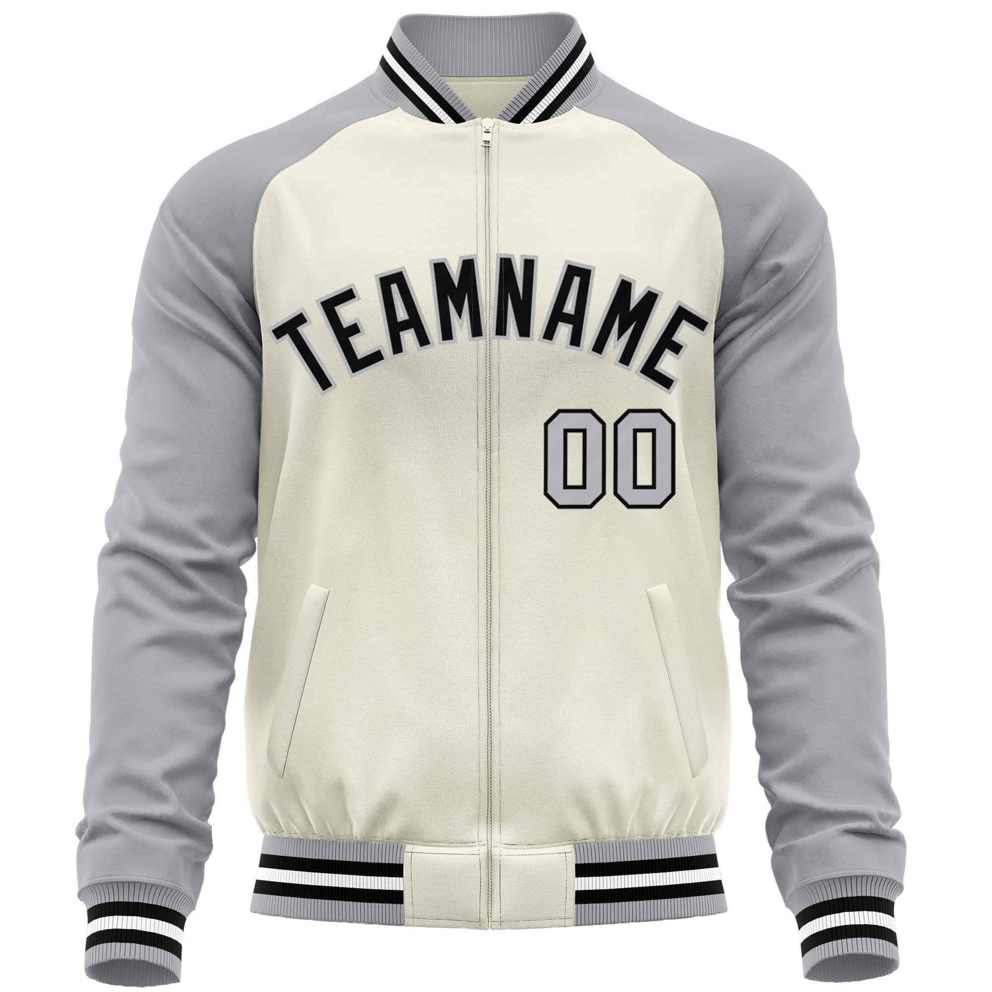 Custom Cream Gray Varsity Full-Zip Raglan Sleeves Letterman Baseball Jacket