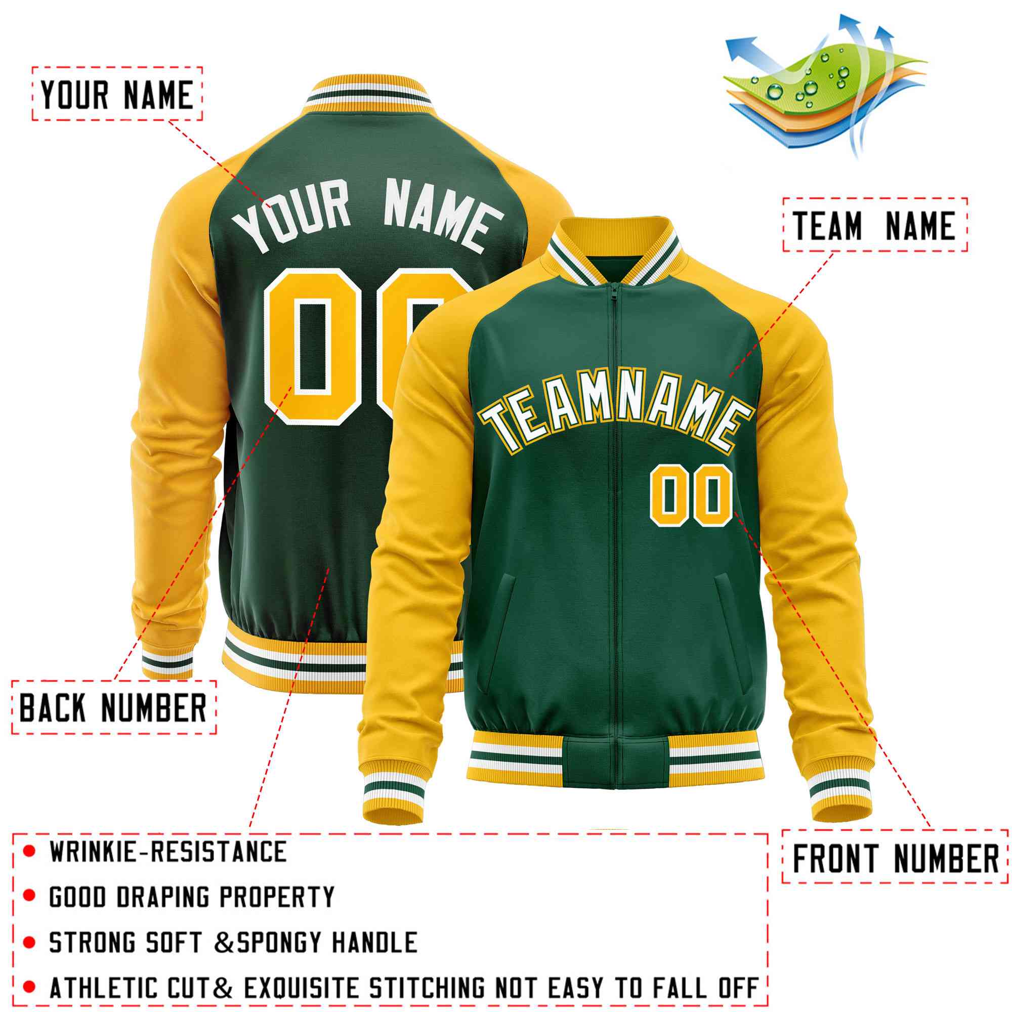 Custom Green Yellow Varsity Full-Zip Raglan Sleeves Letterman Baseball Jacket