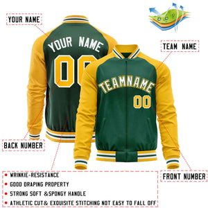 Custom Green Yellow Varsity Full-Zip Raglan Sleeves Letterman Baseball Jacket