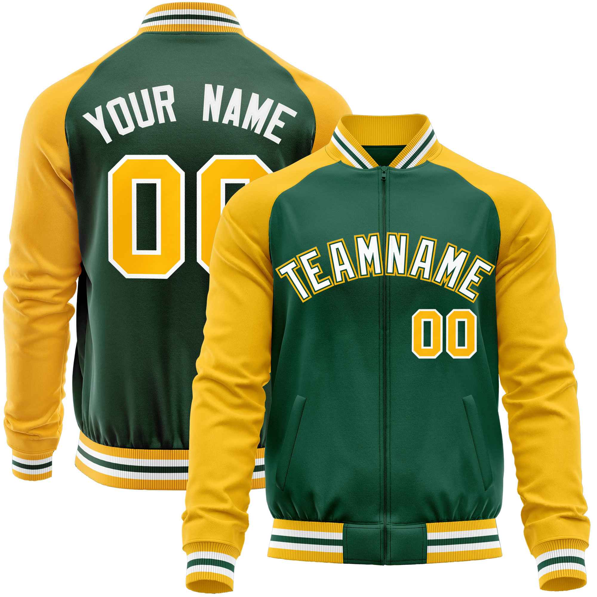 Custom Green Yellow Varsity Full-Zip Raglan Sleeves Letterman Baseball Jacket