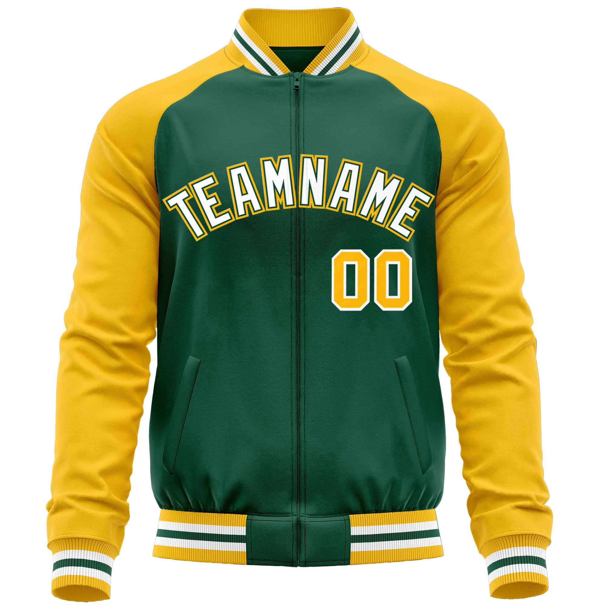 Custom Green Yellow Varsity Full-Zip Raglan Sleeves Letterman Baseball Jacket