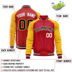 Custom Red Yellow Varsity Full-Zip Raglan Sleeves Letterman Baseball Jacket