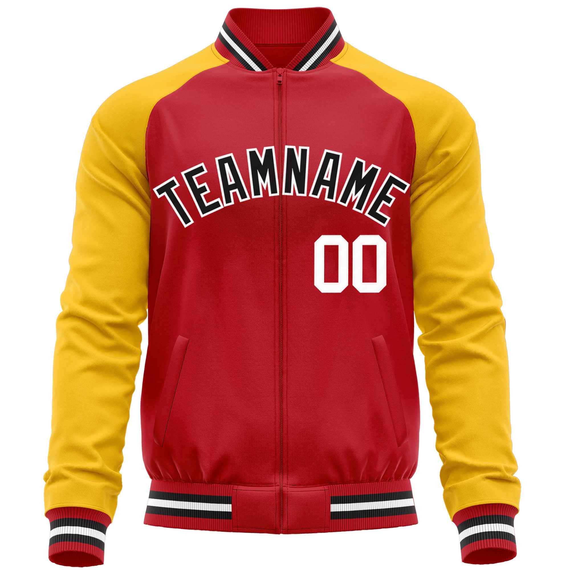 Custom Red Yellow Varsity Full-Zip Raglan Sleeves Letterman Baseball Jacket