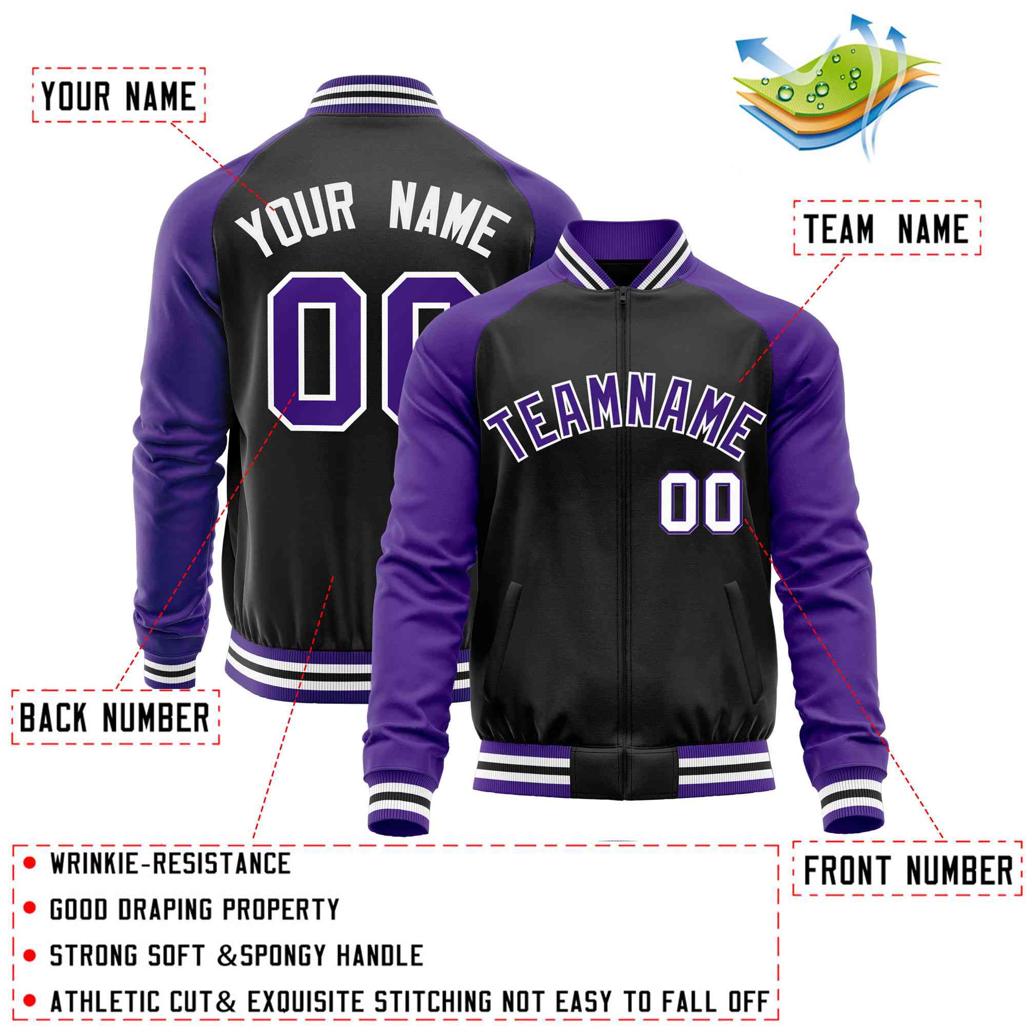 Custom Black Purple Varsity Full-Zip Raglan Sleeves Letterman Baseball Jacket