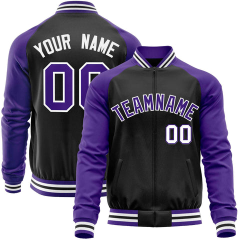 Custom Black Purple Varsity Full-Zip Raglan Sleeves Letterman Baseball Jacket
