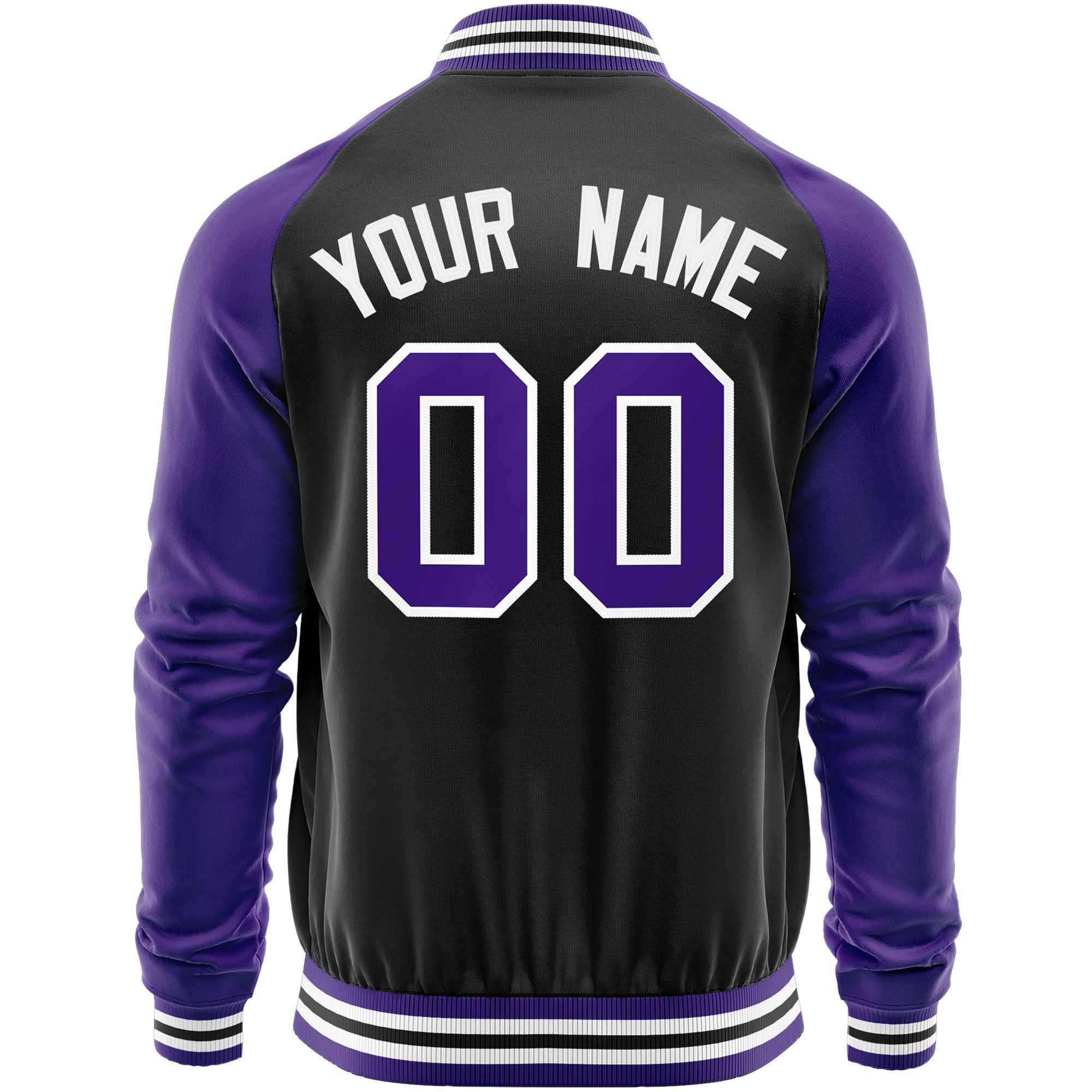 Custom Black Purple Varsity Full-Zip Raglan Sleeves Letterman Baseball Jacket