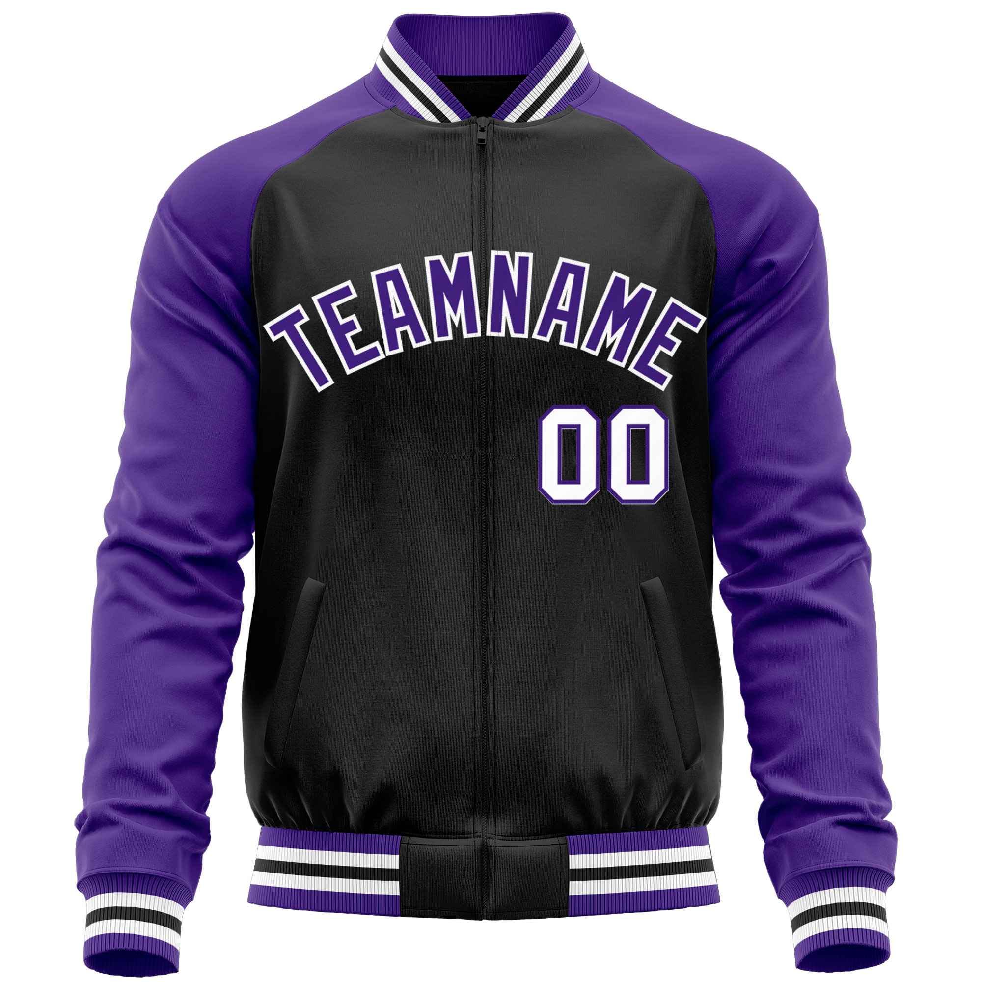 Custom Black Purple Varsity Full-Zip Raglan Sleeves Letterman Baseball Jacket