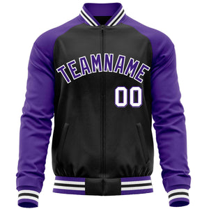 Custom Black Purple Varsity Full-Zip Raglan Sleeves Letterman Baseball Jacket