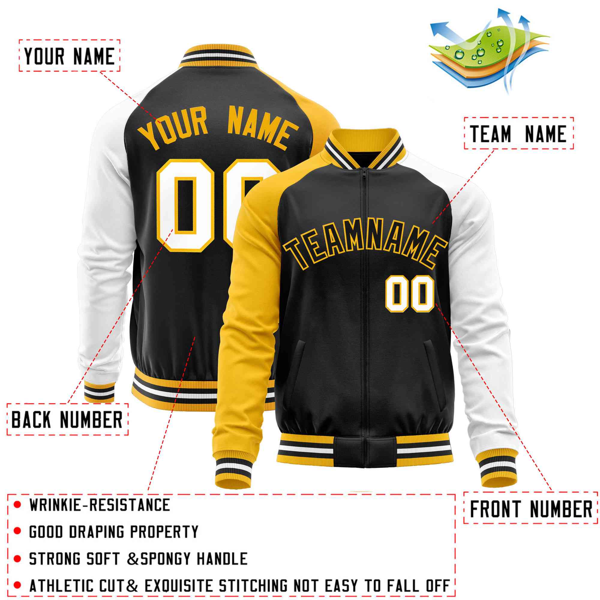 Custom Black White-Yellow Varsity Full-Zip Raglan Sleeves Letterman Baseball Jacket