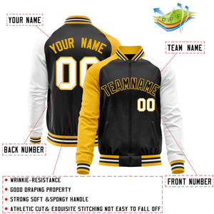 Custom Black White-Yellow Varsity Full-Zip Raglan Sleeves Letterman Baseball Jacket