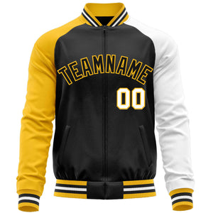 Custom Black White-Yellow Varsity Full-Zip Raglan Sleeves Letterman Baseball Jacket