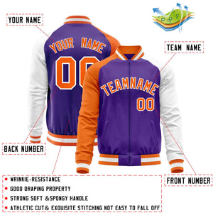 Custom Purple White-Orange Varsity Full-Zip Raglan Sleeves Letterman Baseball Jacket