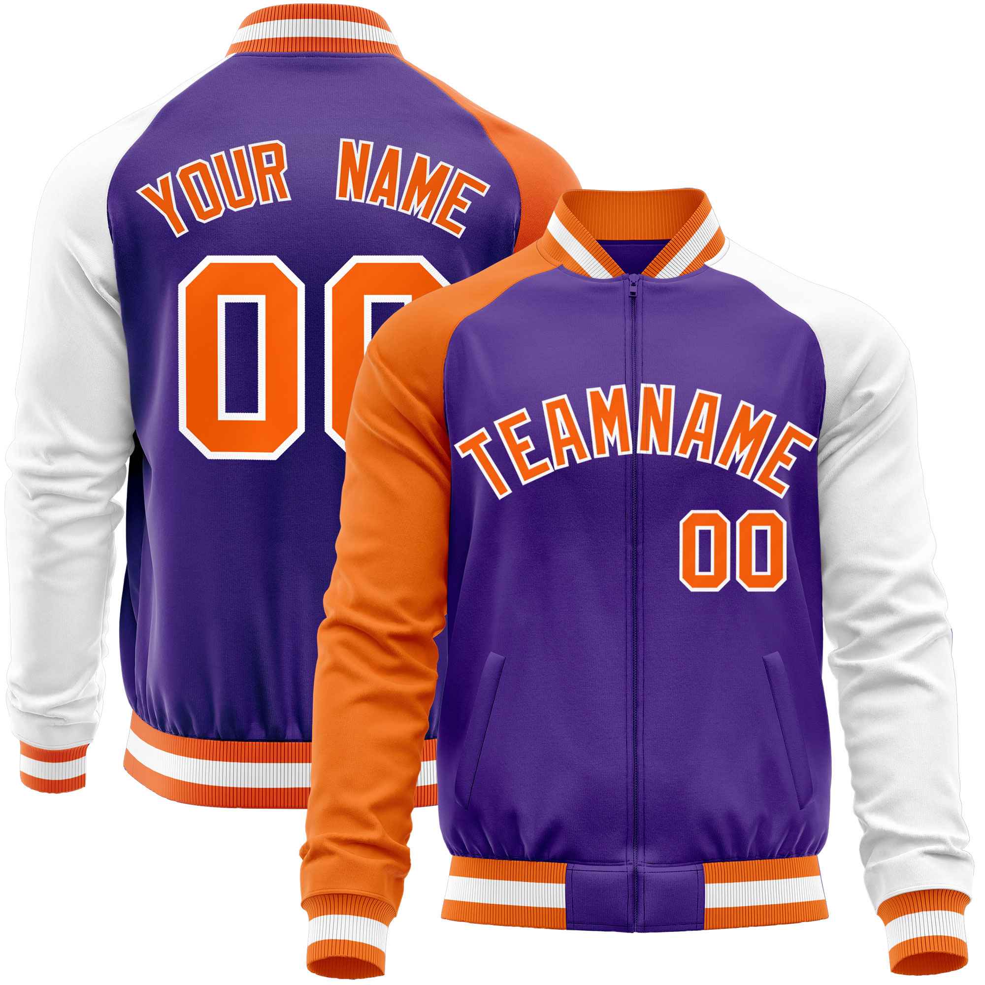 Custom Purple White-Orange Varsity Full-Zip Raglan Sleeves Letterman Baseball Jacket