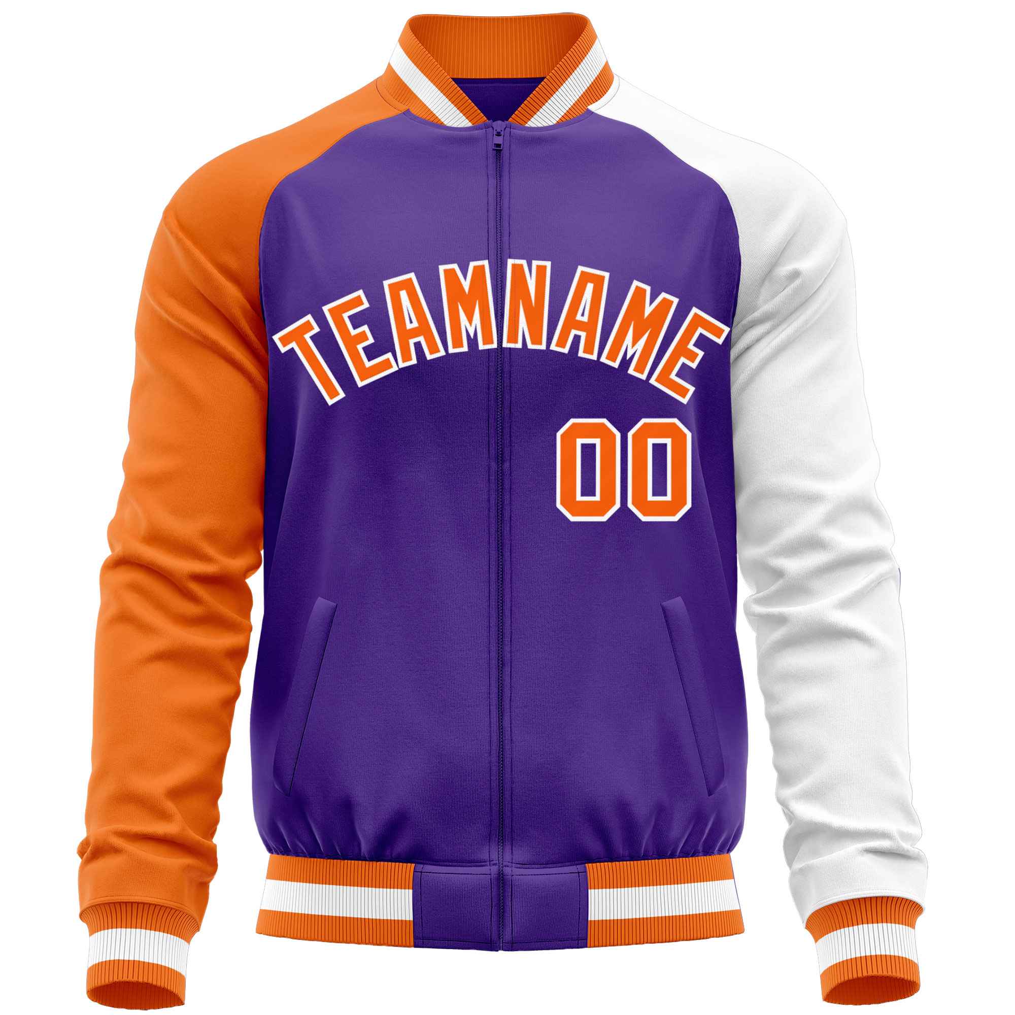 Custom Purple White-Orange Varsity Full-Zip Raglan Sleeves Letterman Baseball Jacket