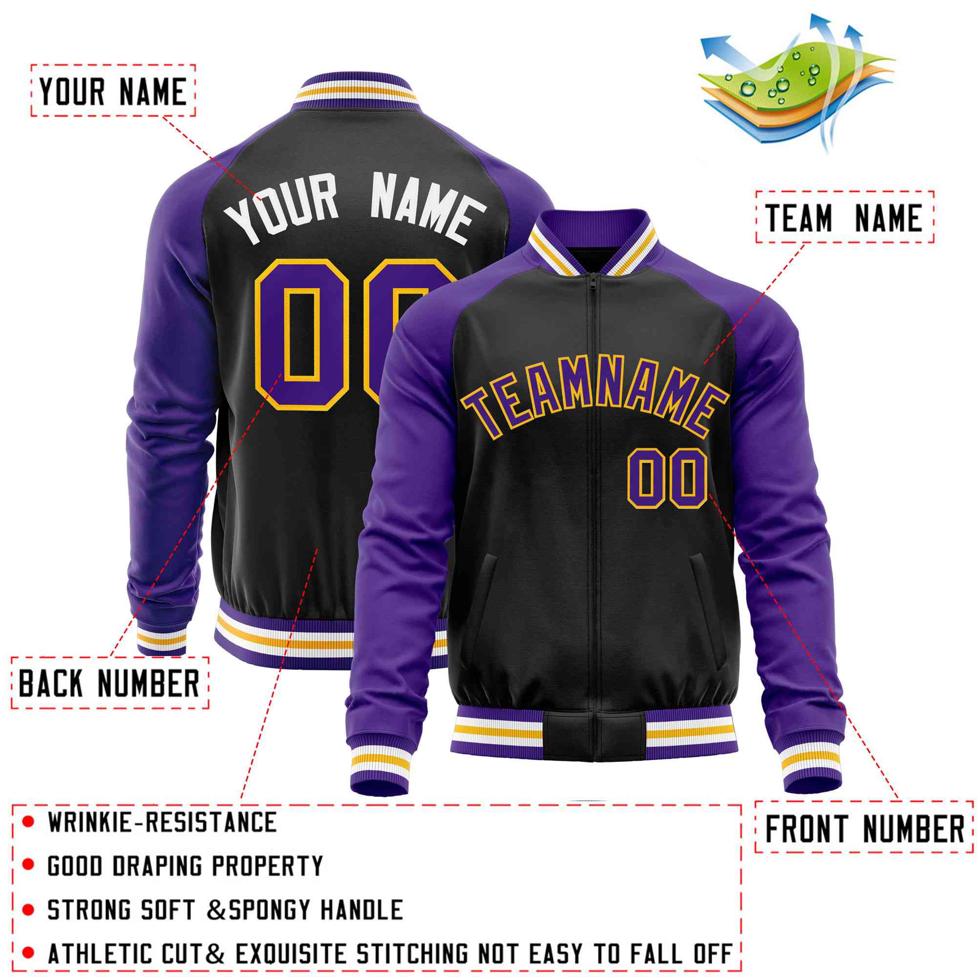 Custom Black Purple Varsity Full-Zip Raglan Sleeves Letterman Baseball Jacket