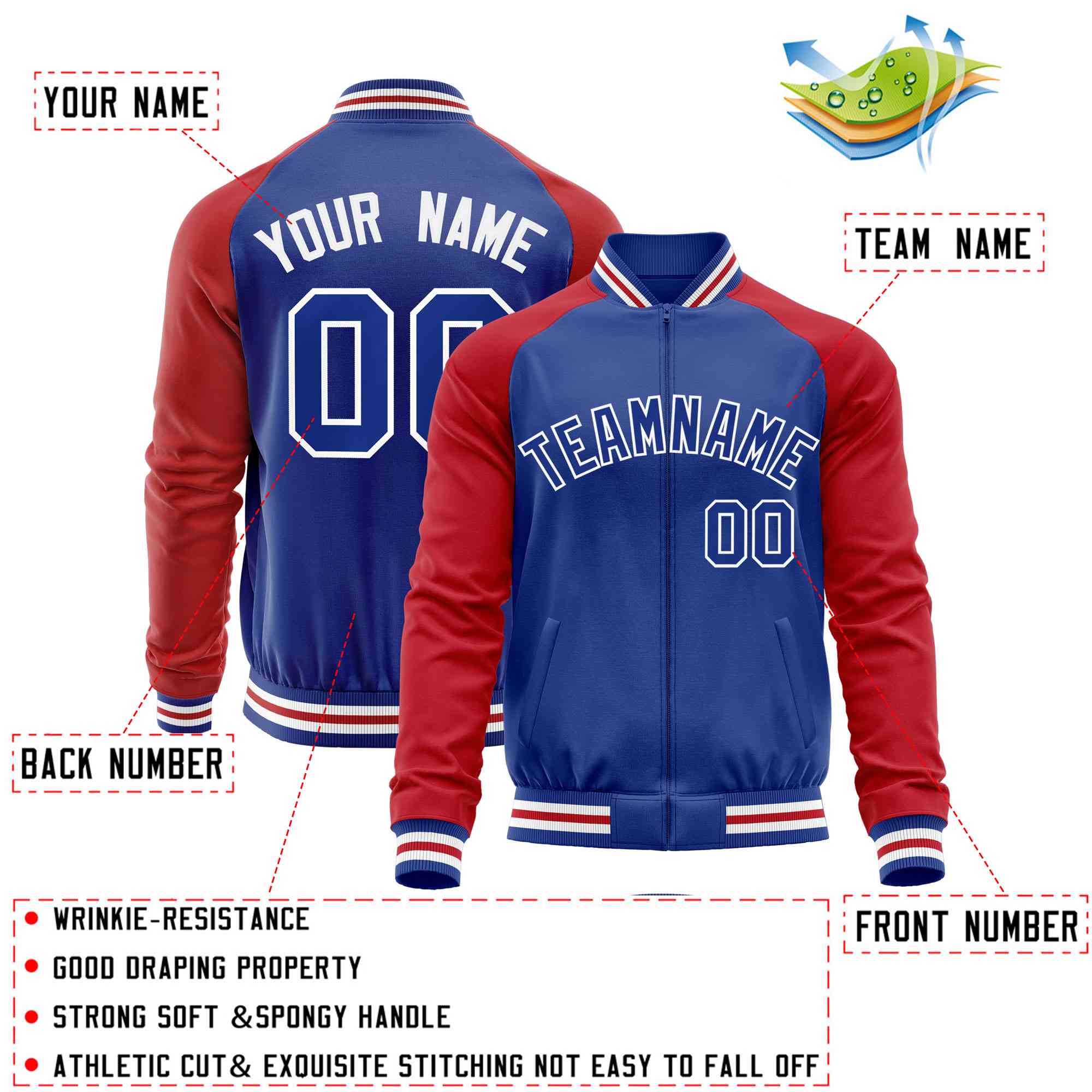 Custom Royal Red Varsity Full-Zip Raglan Sleeves Letterman Baseball Jacket