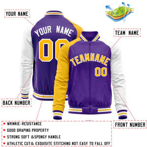 Custom Purple White-Yellow Varsity Full-Zip Raglan Sleeves Letterman Baseball Jacket