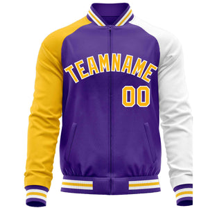 Custom Purple White-Yellow Varsity Full-Zip Raglan Sleeves Letterman Baseball Jacket