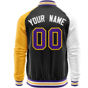 Custom Black Yellow-White Varsity Full-Zip Raglan Sleeves Letterman Baseball Jacket