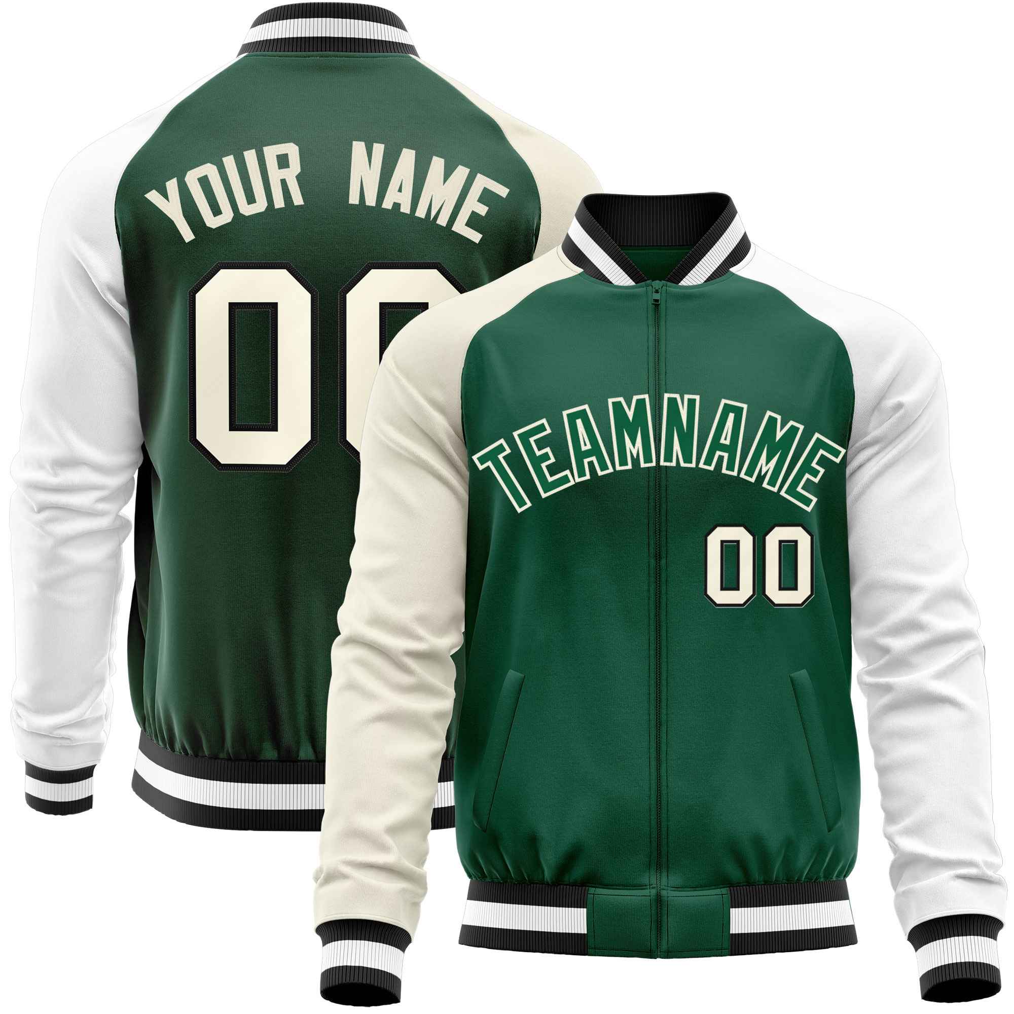 Custom Green White-Cream Varsity Full-Zip Raglan Sleeves Letterman Baseball Jacket