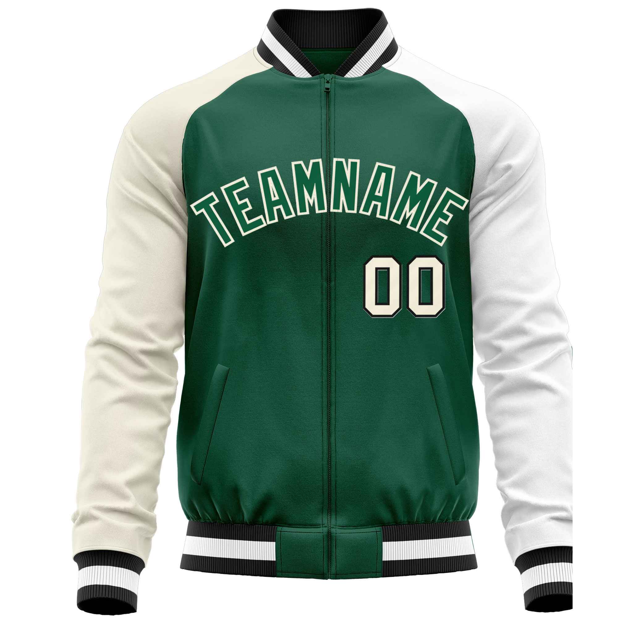 Custom Green White-Cream Varsity Full-Zip Raglan Sleeves Letterman Baseball Jacket