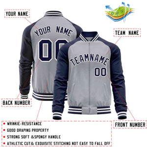 Custom Light Gray Navy Varsity Full-Zip Raglan Sleeves Letterman Baseball Jacket