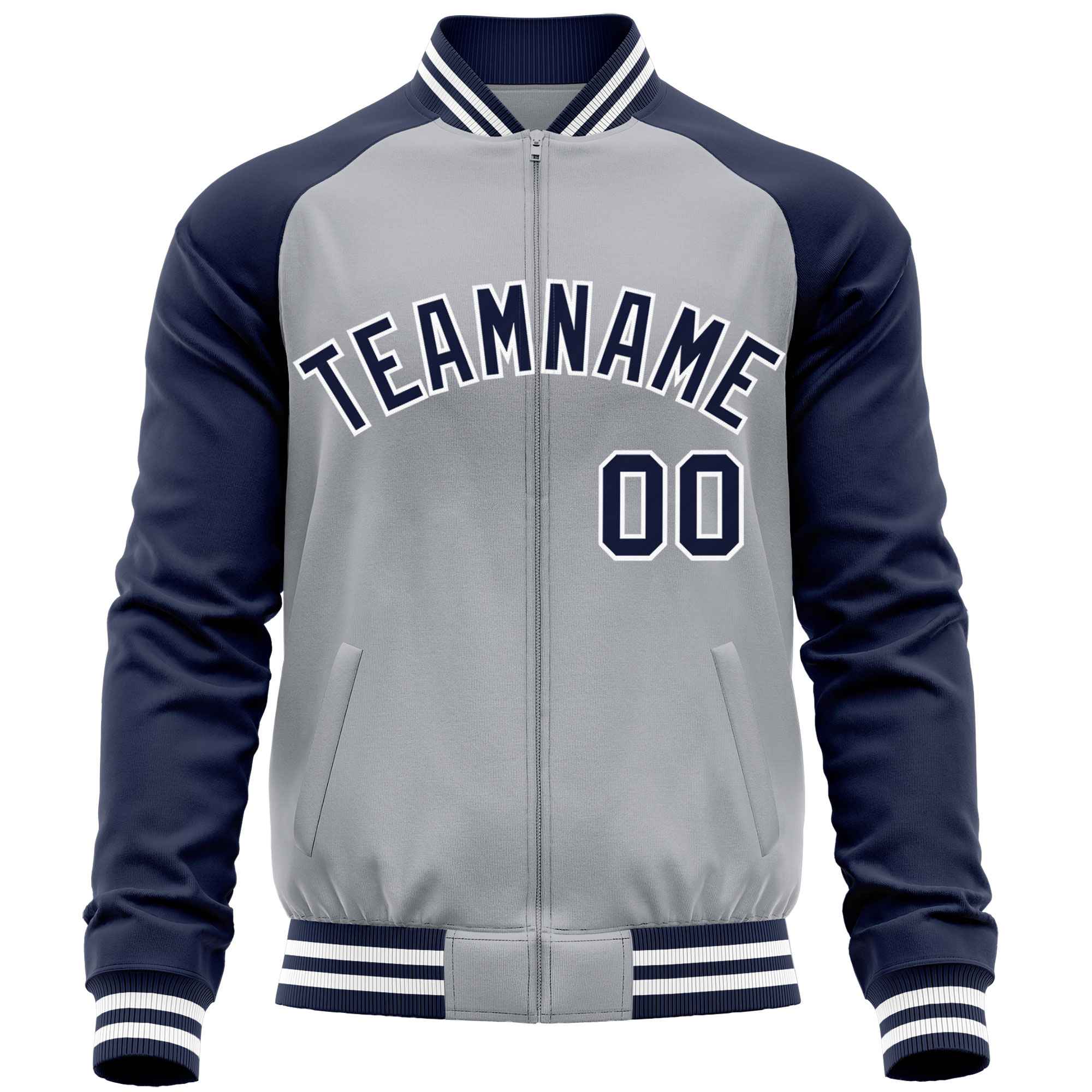 Custom Light Gray Navy Varsity Full-Zip Raglan Sleeves Letterman Baseball Jacket