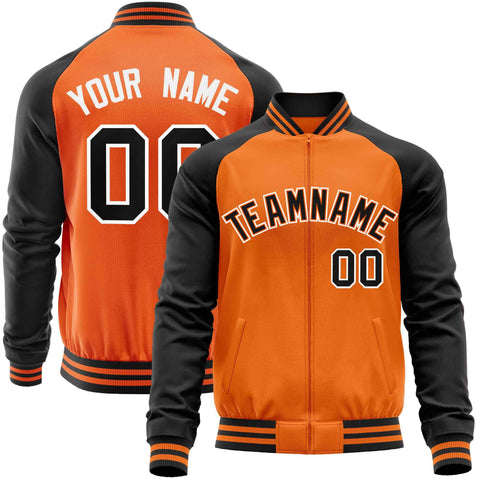 Custom Orange Black Varsity Full-Zip Raglan Sleeves Letterman Baseball Jacket