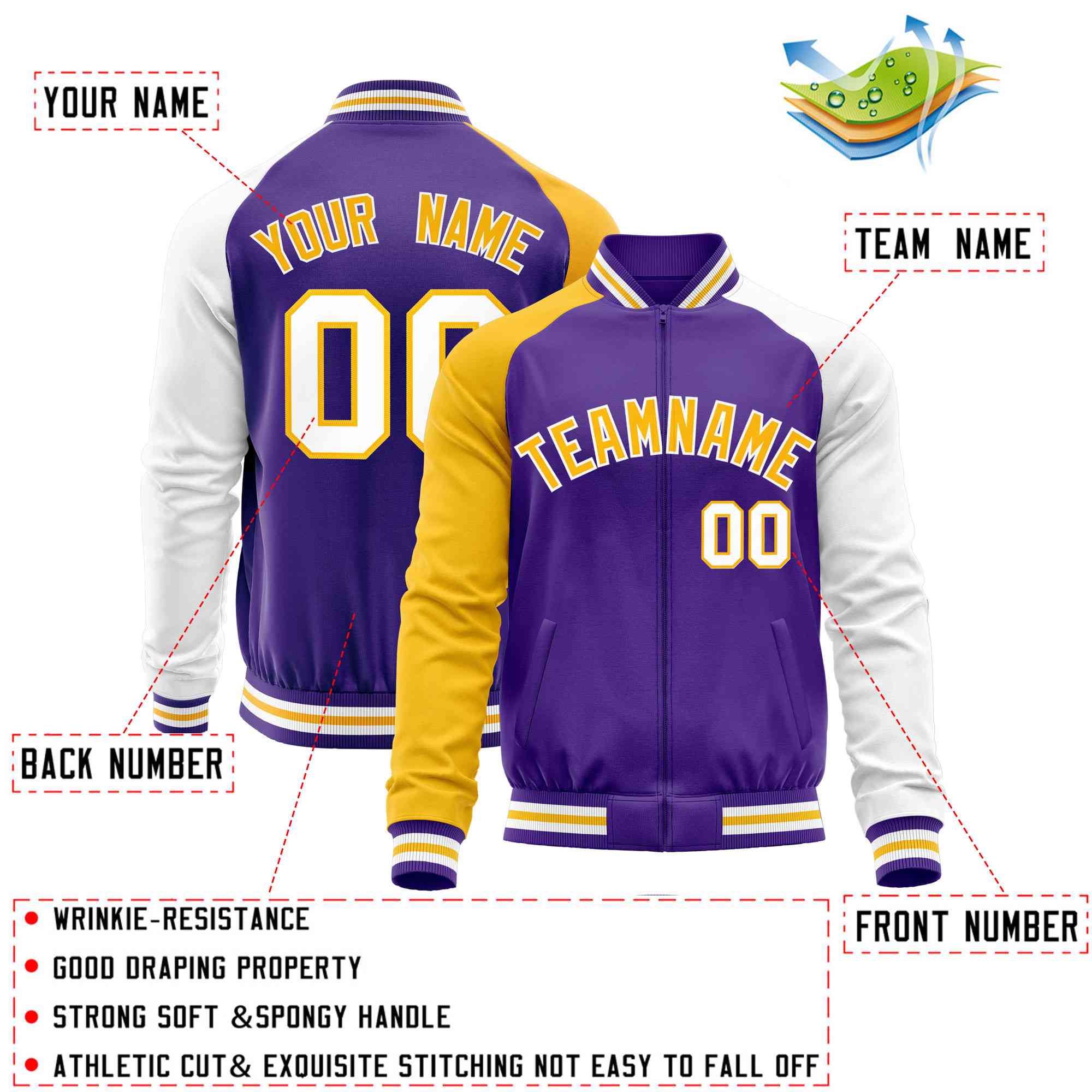 Custom Purple White-Yellow Varsity Full-Zip Raglan Sleeves Letterman Baseball Jacket